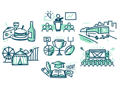 Sketchy Event Types conference fair festival food hand icons illustration nashville sports tour