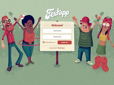 FestApp Landing Page brand character cms illustration in log login nashville