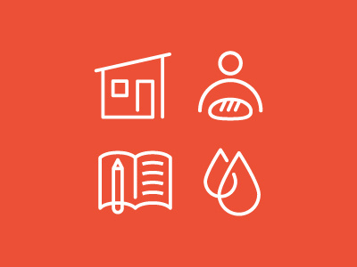 Shelter, Food, Education, Water icons