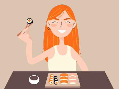 Girl happily eating sushi aeting flat girl illustration meal smile sushi teenager vector