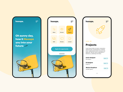 Hooops Mobile Concept basketball blue color color palette colorful dailyui design minimalist mobile mobile design mobile ui modern modernism modernist sun typography ui web webdesign yellow