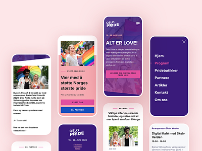 Oslo Pride Mobile and Landing Page color color palette design desktop design identity interaction design landing page mobile mobile design mobile ui modern oslopride pink pride purple typography ui ux webdesign xd design