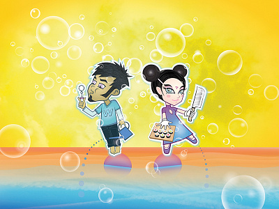Bubble Boy & Sushi Girl bubble illustration japan style kawai sd sushi