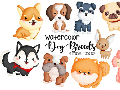 Watercolor Dog Breed Clipart pugs clipart