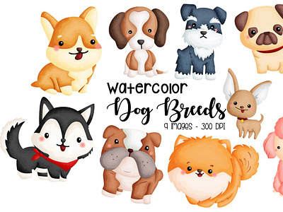 Watercolor Dog Breed Clipart pugs clipart