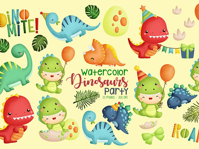 Watercolor Jurassic Birthdy Animal Clipart