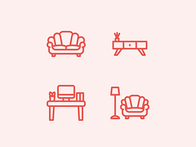 Interior icons branding design desk icon icon set icons illustration interior lamp pink sofa table