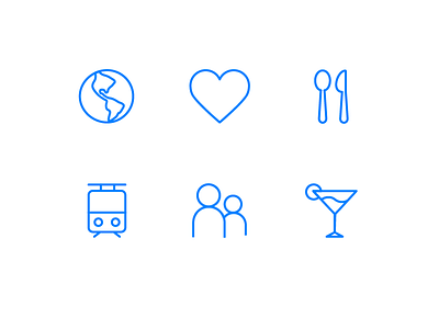 Icons for a job page cocktails drinks food heart icons people public transport team train world