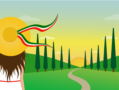 an Italian woman looks at the sunset cypresses graphic design illustration italia nature sunset девушка