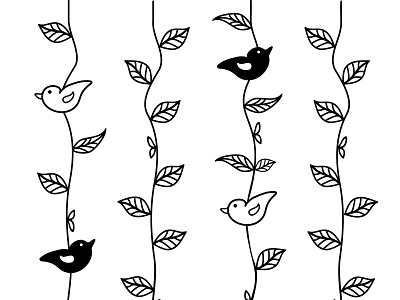 cute black and white background with birds and leaves