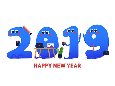 Happy New Year! 👀💼 2019 cute design happynewyear illustation illustrator number simple vector