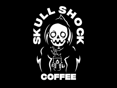 SKLL SHCK COFFEE CO MERCH LOGO appareldesign coffee coffee art coffee company coffee roaster coffee snob creative design graphic design illustration skateboard art skull designs