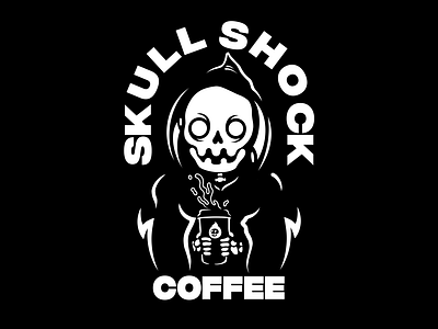 SKLL SHCK COFFEE CO MERCH LOGO appareldesign coffee coffee art coffee company coffee roaster coffee snob creative design graphic design illustration skateboard art skull designs