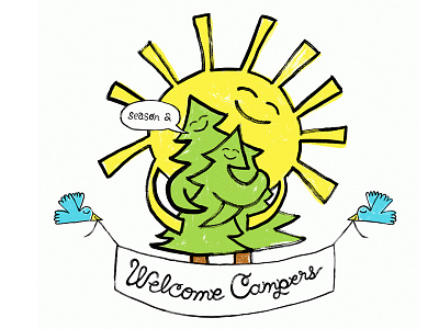 Welcome Campers Logo WIP birds camping design illustration ink lettering logo summer sun the wild honey pie trees youth