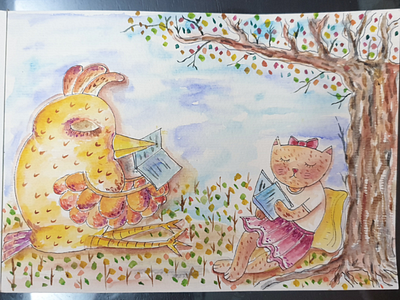 Reading Time illustration painting waterbrush watercolour
