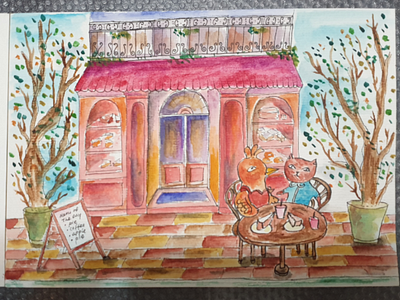 Cafe drawing illustration watercolor