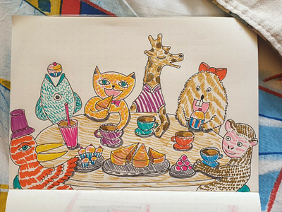 Animal Tea Party drawing illustration inking