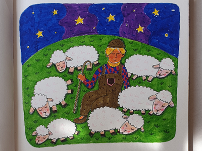 Shepherd and Sheeps drawing illustration