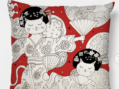 Geisha Cats pillow doodle drawing illustration pillow cover