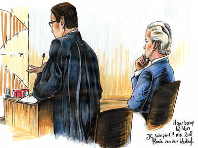 Geert Wilders in Court court courtroom drawing faces law politics realism rechtbank rechtbanktekenen sketch wilders