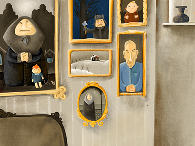 Family photos depressed digital drawing illustration oldroom portrait room