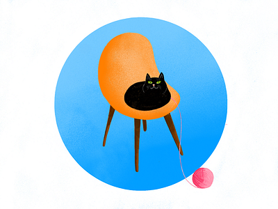 Plain evil cat animal black blue cat chair drawing illustration