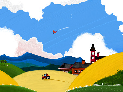 Countryside in Sweden blue countryside field illustration linkoping summer sweden yellow