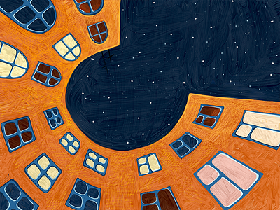 Postcard evening house illustration starry sky windows