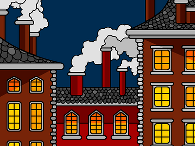 Evening roofs in a town building flat night roof smoke street town vector window