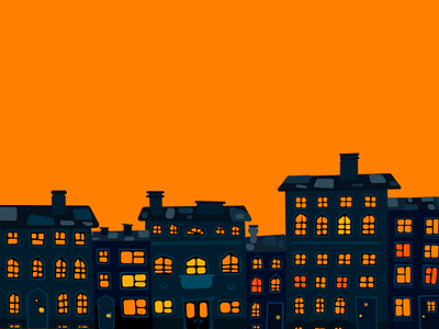 A lot of windows dark drawing evening houses night orange town window