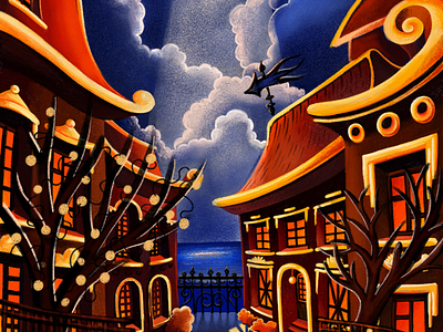 The warm night city dark drawing illustration night postcard street