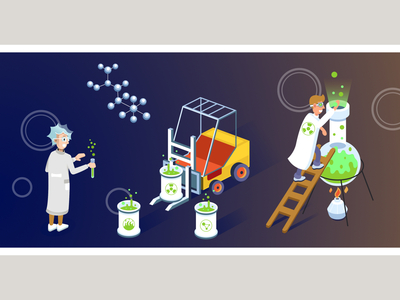 "Chemical Exchange" isometric illustration 3d chemical illustration isometric laboratory radiation research scientist sideview vector