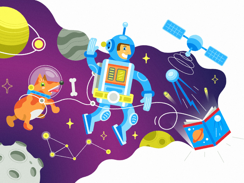 Reading improves your imagination astronaut character dog flat illustration planets reading satelite space textured vector