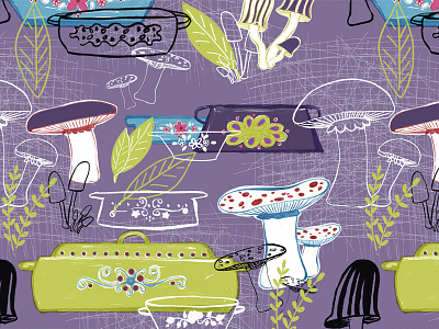 Kitchenpattern V01 art licensing design fabric green herbs ink linework maria bogade mushroom pattern purple pyrex