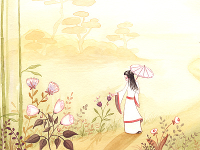 The Nightingale china fairy tale garden geisha girl nightingale roses watercolor