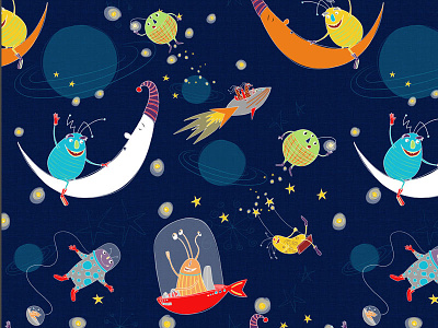 Spacefun aliens character childrens design maria bogade moon pattern space spaceship stars whimsical