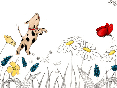 Little dog jumping around butterfly childrens art dog flowers illustration ink maria bogade picture book publishing