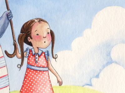Girl from my Summermailer childrens art clouds girl maria bogade polka dots sky summer traditional illustration watercolor