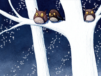 Star Taler animal childrens art fairytale illustration maria bogade mixed media owl pencil snow trees winter