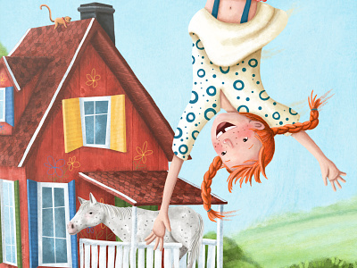 Pippi Longstocking childrens book cover horse house illustration landscape maria bogade mixed media monkey pippi longstocking