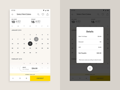 Yorent App Calendar Screen android app calendar clean design interface minimal rental app ui