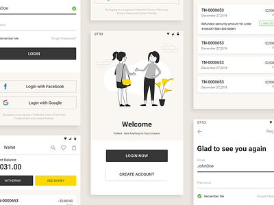 Yorent App Account Screens adode android app clean illustration interface minimal product rental app ui xd
