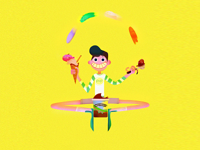 Unilever 'Scoops' art character colorful design facebook funny ice cream illustration juggling unilever yellow