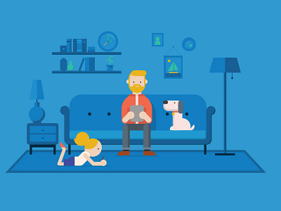 Home life blue character design dog family illustration ipad living room vector