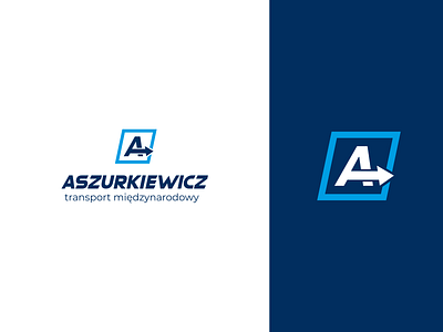 Aszurkiewicz Worldwide Transport logotype a blue branding company fast letter minimal move speed transport worldwide