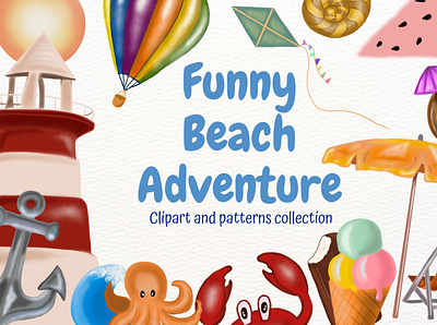 Summer kids adventure. Clipart Set. animals baby beach design funny graphic design illustration kids summer