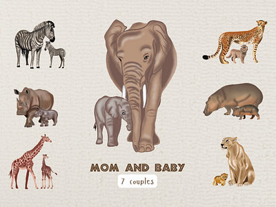 African animals: Mother Love african animals animal babies animals giraffe illustration kids kids illustration lion mother safari savannah