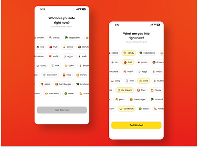 Topic Selection - UI Design Eating Companion application choose topics clean design design drink eat eat with eating companion food mobileapp select selection topic selection topics ui