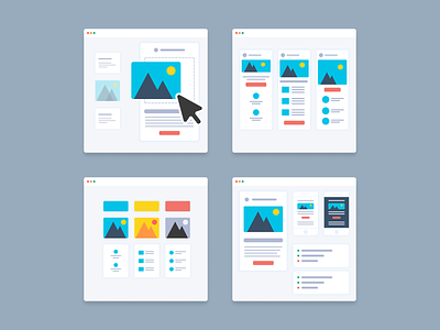 Product illustrations browser design library drag and drop feature illustrations modules platform thumbnails product design templates test results ui variations