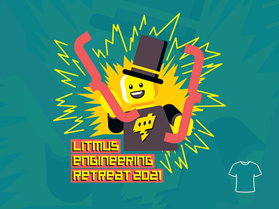 Litmus Engineering Retreat 2021 burst curly brackets energy illustration lego person lightning talks t-shirt design top hat